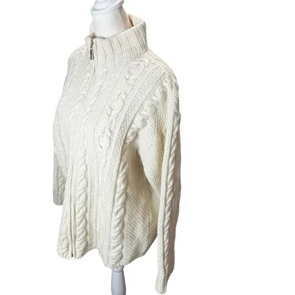 Inis Crafts Ireland Merino Wool Fisherman Cable Knit Zip Sweater Cream Small - Picture 4 of 7